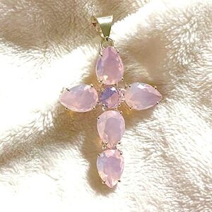 Handcrafted Pink Opalite Crystal Sterling Silver Cross 2.5” Pendant